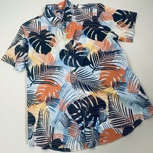Murano Men's Tropical Leaf Print Shirt - Powder Blue, Orange, Navy, Yellow